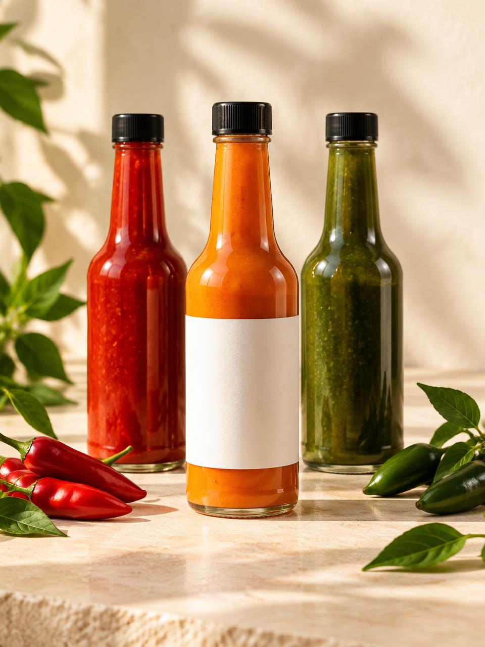 Three private-label hot sauce bottles